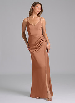 Azazie Leo Final Sale Bronzer Sheath Pleated Stretch Satin Dress image4
