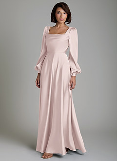 Azazie Solana At-home Try On Dresses Blushing Pink A-Line Long Sleeve Stretch Satin Dress image6