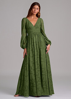 Azazie Norah Final Sale Olive A-Line Long Sleeve Floral Burnout Dress image1