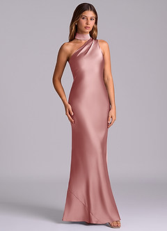 Azazie Seona Robes de demoiselle d'honneur Robe Sirène en Satin extensible Une épaule Rose Poussiéreuse image3