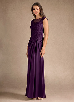 Azazie Santa Barbara Mother of the Bride Dresses Grape Sheath Pleated Stretch Satin Dress image6