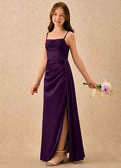 Azazie Shyla Girls Formal Flower Girl Dresses Grape Sheath Pleated Stretch Satin Dress image1