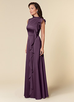 Azazie Narine Mother of the Bride Dresses Plum A-Line High Neckline Pleated Stretch Satin Dress image2