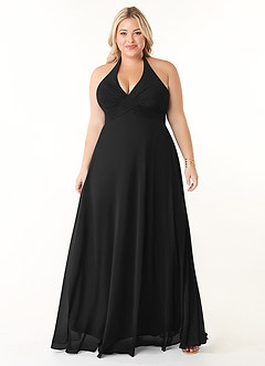 Azazie Tessie Robes de demoiselle d'honneur Robe Trapèze en Mousseline de soie Col V plissé Noir image6