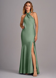 Azazie Lorena Robes de demoiselle d'honneur Robe Sirène en Satin extensible Plissée Matcha image1