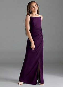 Azazie Leonis Junior Grape A-Line Pleated Stretch Satin Dress image3