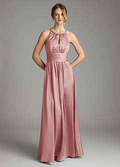 Azazie Bonnie Vestidos de damas de honor Vestido de Rosa Polvorienta de Satén Elástico de Corte en A con Plisado image3