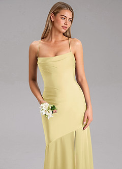 Azazie Grata Bridesmaid Dresses Lemon Sorbet Sheath Side Slit Stretch Satin Dress image6