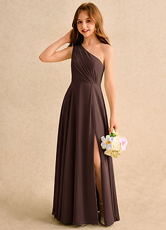 Azazie Puddles Girls Formal Flower Girl Dresses Ganache A-Line One Shoulder Chiffon Dress image3