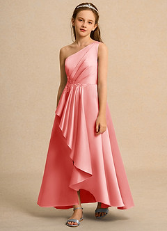 Azazie Taffy Junior Formal Robe Demoiselle D'honneur Fillette Robe Trapèze en Mat Satiné Dentelle Corail image1