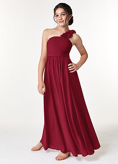 Azazie Flower Junior Burgundy A-Line Pleated Chiffon Dress image5