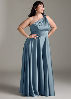 Azazie Charlize Robes de demoiselle d'honneur Robe Trapèze en Satin extensible Ue épaule Bleu Poussiéreux image4