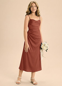 Azazie Mai Junior Osłona Pofałdowany Satyna elastyczna Długość herbaty Młodsza druhna Sukienka image5