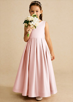 Azazie Cailee Flower Girl Dresses Blushing Pink Ball-Gown Pleated Matte Satin Dress image3