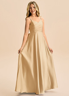 Azazie Rumi Junior Abito A-Line in Raso Elasticizzato Plissettato Oro image5