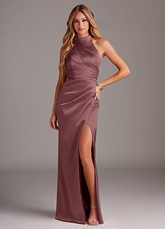 Azazie Jemma Bridesmaid Dresses Vintage Mauve Sheath Pleated Stretch Satin Dress image1