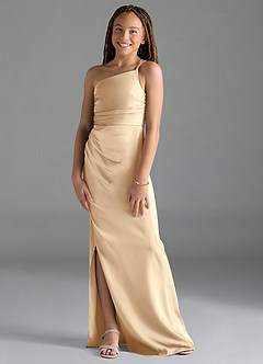 Azazie Eren Junior Champagne Sheath Pleated Stretch Satin Dress image1