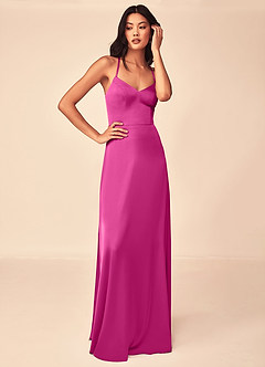 Azazie Mei Bridesmaid Dresses Fuchsia A-Line V-Neck Stretch Satin Dress image5