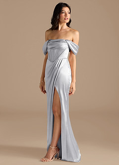 Azazie Lynden Bridesmaid Dresses Silver Sheath Off the Shoulder Metallic Satin Convertible Dress image7