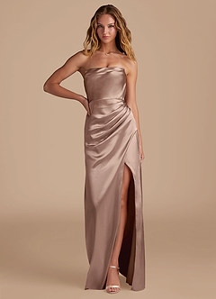Azazie Leonis Bridesmaid Dresses Taupe Mermaid Pleated Metallic Satin Convertible Dress image1