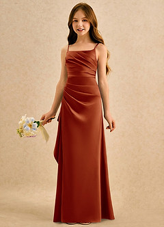Azazie Cannoli Girls Formal Robe Demoiselle D'honneur Fillette Robe Trapèze en Mat Satiné Plissée Paprika image5
