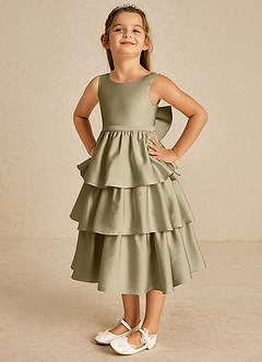 Azazie Margery vestidos de niña de las flores Vestido de Musgo Verde de Satén Elástico de Corte En A con Lazo image3