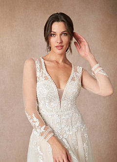 Azazie Ariya Wedding Dresses Diamond White Champagne A-Line Lace Tulle Dress image5