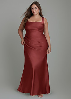 Azazie Agustina Vestidos de damas de honor Vestido Terracota de Satén Elástico de Corte Sirena con Corsé image9