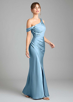 Azazie Madelyn Robes de demoiselle d'honneur Robe Sirène Convertible en Satin extensible Une épaule Acier Bleuté image5