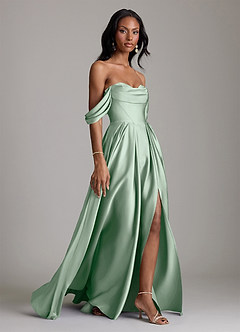 Azazie Loisa Robes de demoiselle d'honneur Robe Trapèze en Satin extensible Épaule décolletée Agave image6