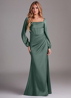 Azazie Charissa Bridesmaid Dresses Sea Moss Sheath Long Sleeve Stretch Satin Dress image3