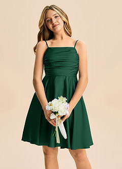 Azazie Miko Junior Dark Green A-Line Pleated Stretch Satin Dress image6