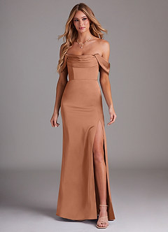 Azazie Saige Jurken voor bruidsmeisjes Jurk van Stretch Satijn met Kolom Off the Shoulder Bronzeertint image3