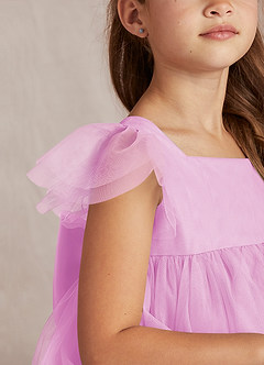 Azazie Kalio Flower Girl Dresses Candy Pink A-Line with Sleeves Tulle Dress image3