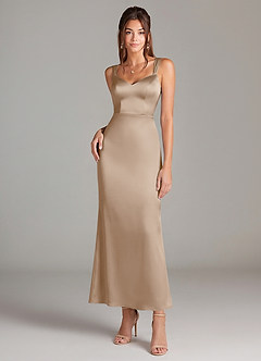 Azazie Denice 신부 들러리 드레스 쉬스 주름진 스트레치 새틴 발목 길이 드레스 image3