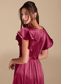 Azazie Daphne Modest Bridesmaid Dresses A-Line Ruched Metallic Satin Floor-Length Dress image6