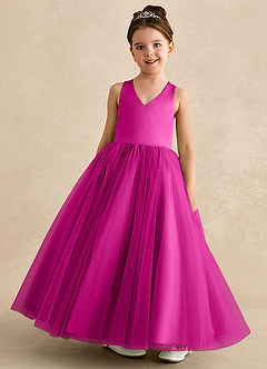 Azazie Peanut Flower Girl Dresses Fuchsia A-Line Strap Tulle Dress image4