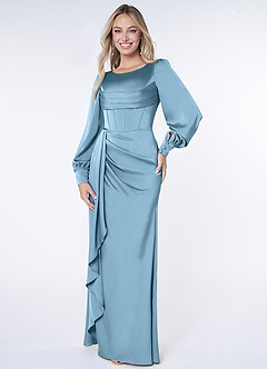 Azazie Raye Bridesmaid Dresses Steel Blue Mermaid Long Sleeve Stretch Satin Dress image1