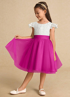 Azazie Vetty Flower Girl Dresses Ivory Fuchsia A-Line Lace Tulle Dress image4