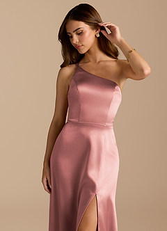 Azazie Trina Bridesmaid Dresses Dusty Rose A-Line One Shoulder Metallic Satin Dress image7
