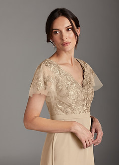 Azazie Singer Mother of the Bride Dresses Champagne A-Line V-Neck Lace Chiffon Dress image5