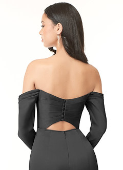 Azazie Hallie Bridesmaid Dresses Black Sheath Off-The-Shoulder Long Sleeve Stretch Satin Convertible Dress image7