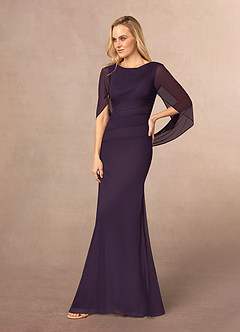 Azazie Belladonna vestidos de madre de la novia Vestido de Ciruela de Malla de Corte Sirena con Cuello en V Plisado image3