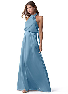 Azazie Landry Bridesmaid Dresses Steel Blue A-Line Pleated Mesh Dress image4