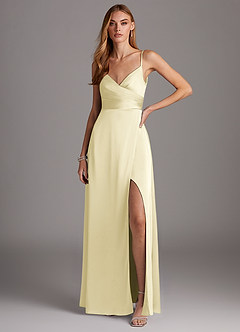 Azazie Calissa Final Sale Agave A-Line V-Neck Pleated Stretch Satin Dress image1