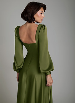 Azazie Solana Robes de demoiselle d'honneur Robe Trapèze en Satin extensible Manches longues Olive Vif image4