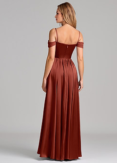 Azazie Raisa Robes de demoiselle d'honneur Robe Trapèze en Satin extensible Épaule décolletée Terracotta image6