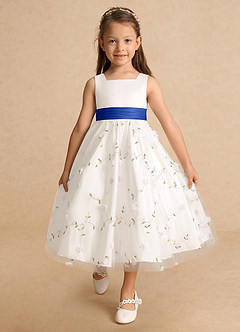 Azazie Pollie Flower Girl Dresses Ivory Royal Blue A-Line Bow Tulle Dress image10
