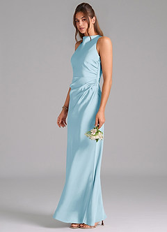 Azazie Evadne Bridesmaid Dresses Sky Blue A-Line Pleated Stretch Satin Dress image1