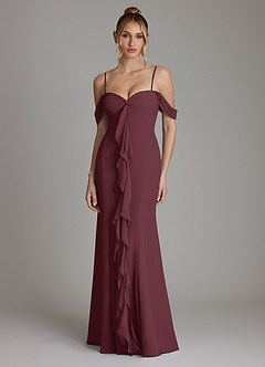 Azazie Karmela Bridesmaid Dresses Cabernet A-Line Off the Shoulder Chiffon Dress image1